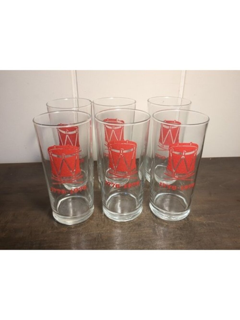 Set Of Six Vintage Spirit Of 76 Bicentennial Glasses Red Embossed Drums.